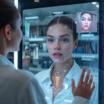 Futuristic visualization of AI transforming the beauty industry through personalization, data, and digital innovation.