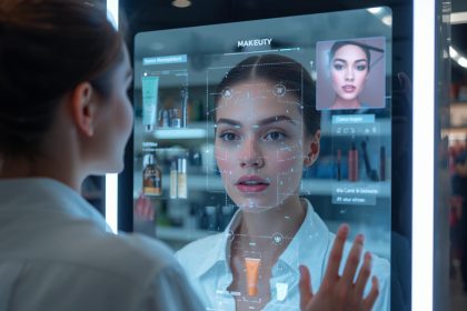 Futuristic visualization of AI transforming the beauty industry through personalization, data, and digital innovation.