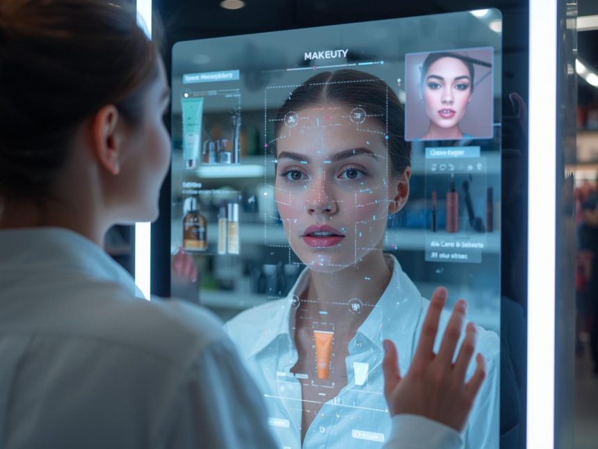 Futuristic visualization of AI transforming the beauty industry through personalization, data, and digital innovation.
