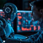 A futuristic marketer analyzing AI-driven SEO and search data trends for 2025.