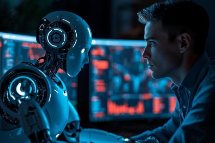 A futuristic marketer analyzing AI-driven SEO and search data trends for 2025.