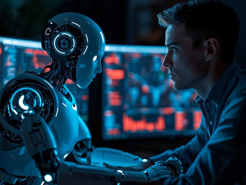 A futuristic marketer analyzing AI-driven SEO and search data trends for 2025.