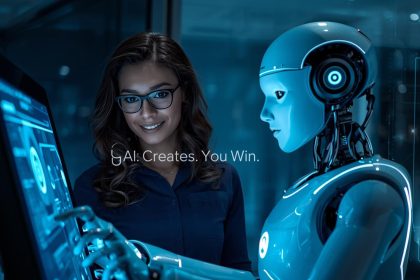 Marketer using AI-powered tools for content creation, copywriting, and data-driven marketing optimization to enhance productivity and creativity.