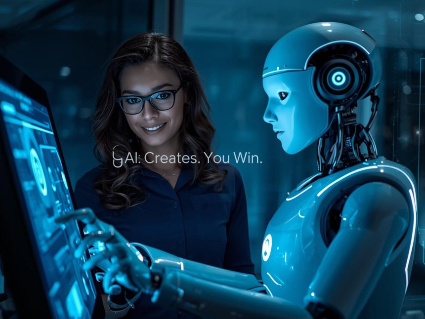 Marketer using AI-powered tools for content creation, copywriting, and data-driven marketing optimization to enhance productivity and creativity.