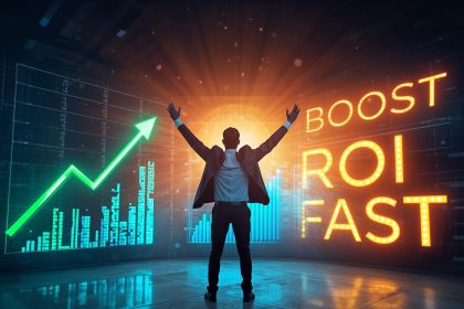 Digital marketer celebrating ROI growth from optimized SEO and PPC strategies in 2025.