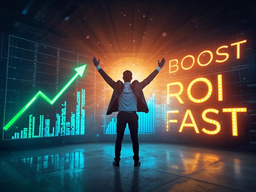 Digital marketer celebrating ROI growth from optimized SEO and PPC strategies in 2025.