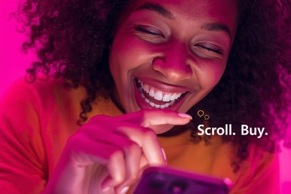 Shopper making quick impulse purchases through a simplified social media checkout experience that blends entertainment and e-commerce.