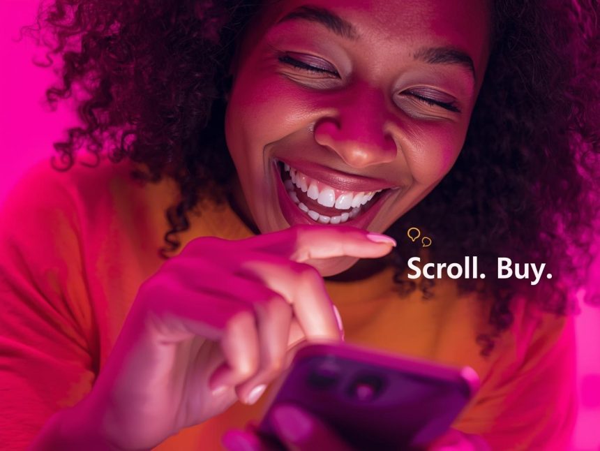 Shopper making quick impulse purchases through a simplified social media checkout experience that blends entertainment and e-commerce.