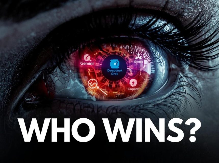 Visual comparison of top AI assistants—ChatGPT, Gemini, DeepSeek, Grok, and Copilot—symbolizing the competitive landscape of 2025.