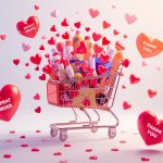 A glowing circular arrow looping around happy customer icons and products, symbolizing retention and repeat purchases through loyalty marketing strategies.