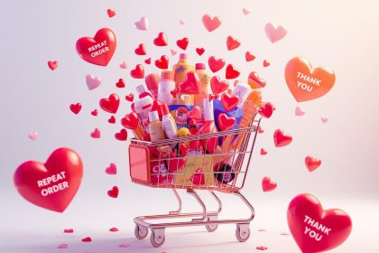 A glowing circular arrow looping around happy customer icons and products, symbolizing retention and repeat purchases through loyalty marketing strategies.