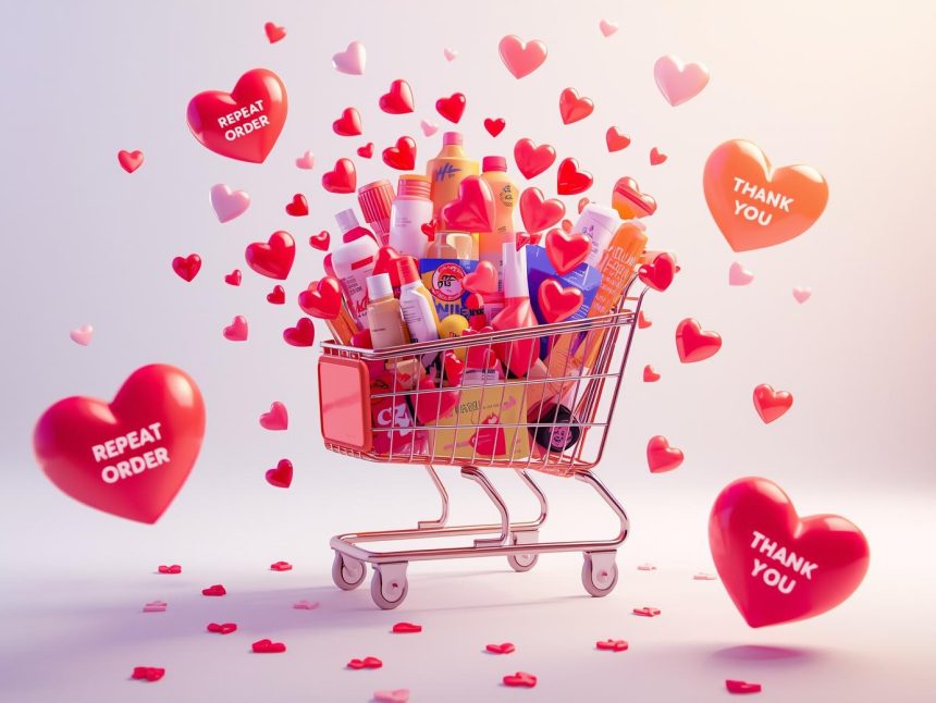 A glowing circular arrow looping around happy customer icons and products, symbolizing retention and repeat purchases through loyalty marketing strategies.