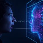 A surprised person looking at a glowing AI-generated reflection displaying personalized data and preferences, symbolizing the power of personalization through artificial intelligence.