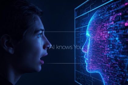 A surprised person looking at a glowing AI-generated reflection displaying personalized data and preferences, symbolizing the power of personalization through artificial intelligence.