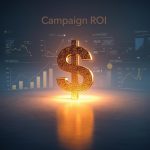 A marketer reviewing a glowing dashboard of charts and conversion data, symbolizing campaign tracking and ROI measurement for marketing success.