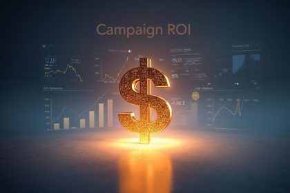 A marketer reviewing a glowing dashboard of charts and conversion data, symbolizing campaign tracking and ROI measurement for marketing success.