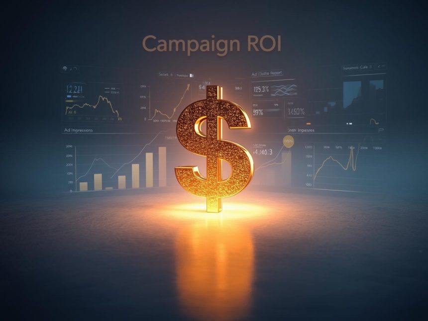 A marketer reviewing a glowing dashboard of charts and conversion data, symbolizing campaign tracking and ROI measurement for marketing success.