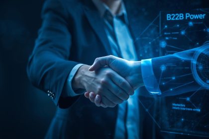 A confident professional surrounded by glowing LinkedIn connection icons, representing effective B2B marketing strategies for networking, branding, and lead generation.