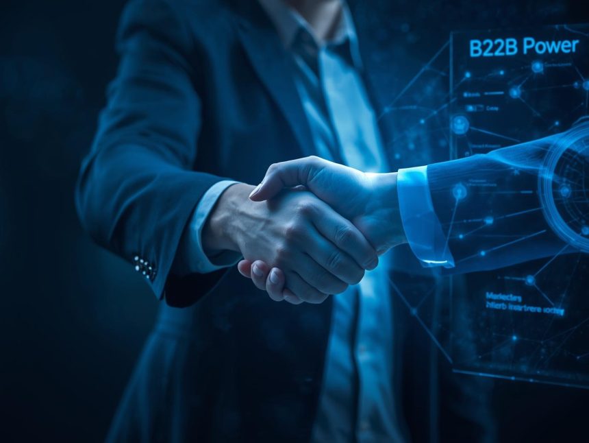 A confident professional surrounded by glowing LinkedIn connection icons, representing effective B2B marketing strategies for networking, branding, and lead generation.