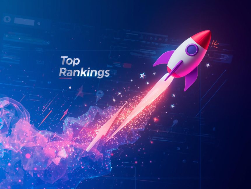 A marketer unlocking a glowing golden Amazon “A” surrounded by charts, ratings, and keywords, symbolizing strategies for achieving top search rankings and higher sales.