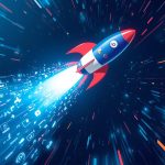 A marketer celebrates as glowing social media icons blast upward like rockets, symbolizing fast brand growth through powerful sponsored campaigns.