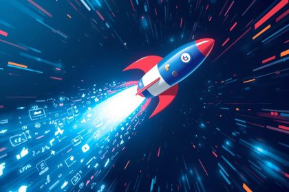 A marketer celebrates as glowing social media icons blast upward like rockets, symbolizing fast brand growth through powerful sponsored campaigns.