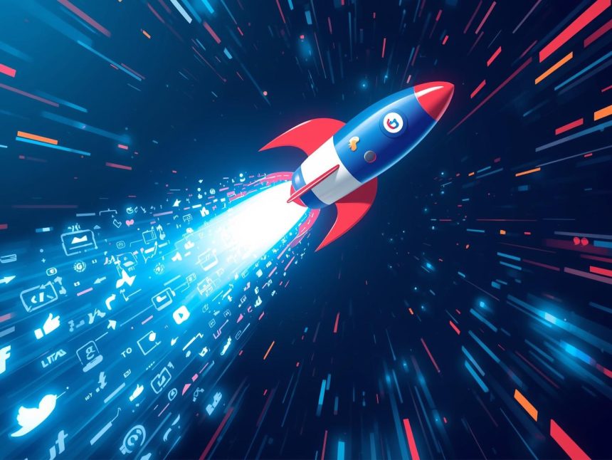A marketer celebrates as glowing social media icons blast upward like rockets, symbolizing fast brand growth through powerful sponsored campaigns.