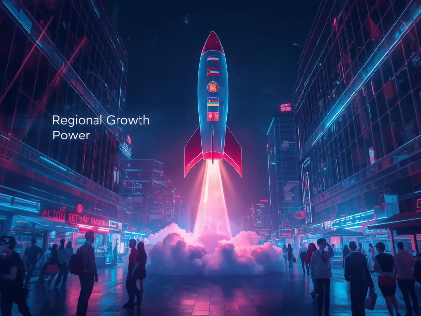 A glowing digital map of Southeast Asia with shopping icons, delivery trucks, and rising charts, symbolizing the region’s booming e-commerce growth and business opportunities.