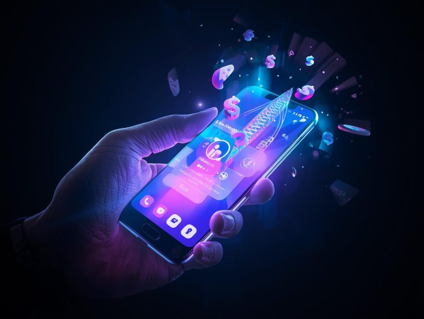 A marketer surrounded by glowing chat bubbles, shopping icons, and engagement symbols, symbolizing how real-time marketing turns conversations into sales.