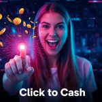 A marketer clicks a glowing mouse button as digital coins flow outward, symbolizing affiliate marketing success and online income growth in the digital age.