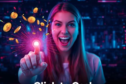 A marketer clicks a glowing mouse button as digital coins flow outward, symbolizing affiliate marketing success and online income growth in the digital age.