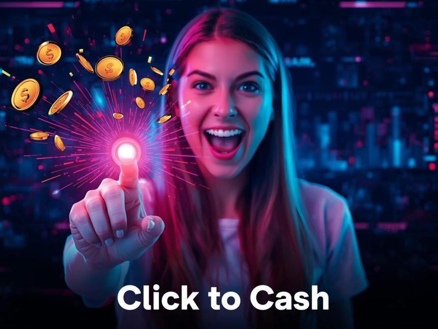 A marketer clicks a glowing mouse button as digital coins flow outward, symbolizing affiliate marketing success and online income growth in the digital age.