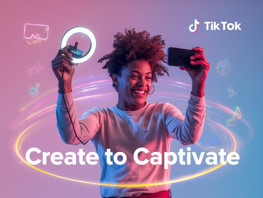 A joyful creator filming with a smartphone and ring light surrounded by glowing TikTok colors, symbolizing how short-form videos drive engagement and brand awareness.