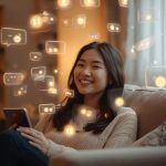 A group of people chatting through glowing holographic screens, symbolizing how digital hangouts and community platforms connect and shape modern life.
