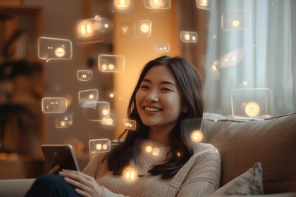 A group of people chatting through glowing holographic screens, symbolizing how digital hangouts and community platforms connect and shape modern life.