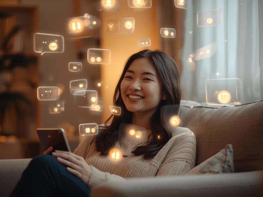 A group of people chatting through glowing holographic screens, symbolizing how digital hangouts and community platforms connect and shape modern life.