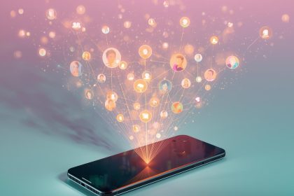 A network of glowing human silhouettes connected by light threads forming digital constellations, symbolizing the rise of online communities and modern connection.