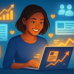 A focused blogger typing on a glowing laptop surrounded by digital articles and SEO charts, symbolizing effective blogging strategies for 2025.