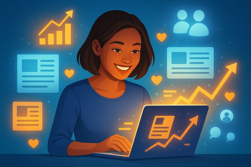 A focused blogger typing on a glowing laptop surrounded by digital articles and SEO charts, symbolizing effective blogging strategies for 2025.