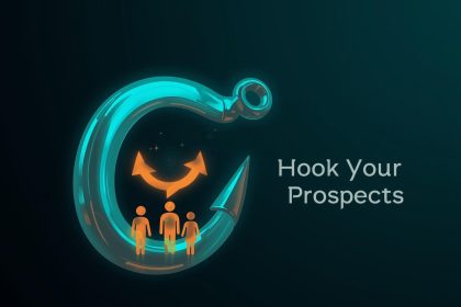A glowing digital hook pulling in icons of leads and customers, symbolizing persuasive email marketing that turns prospects into buyers.