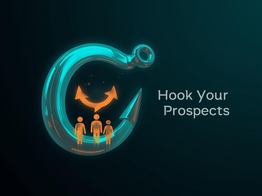 A glowing digital hook pulling in icons of leads and customers, symbolizing persuasive email marketing that turns prospects into buyers.