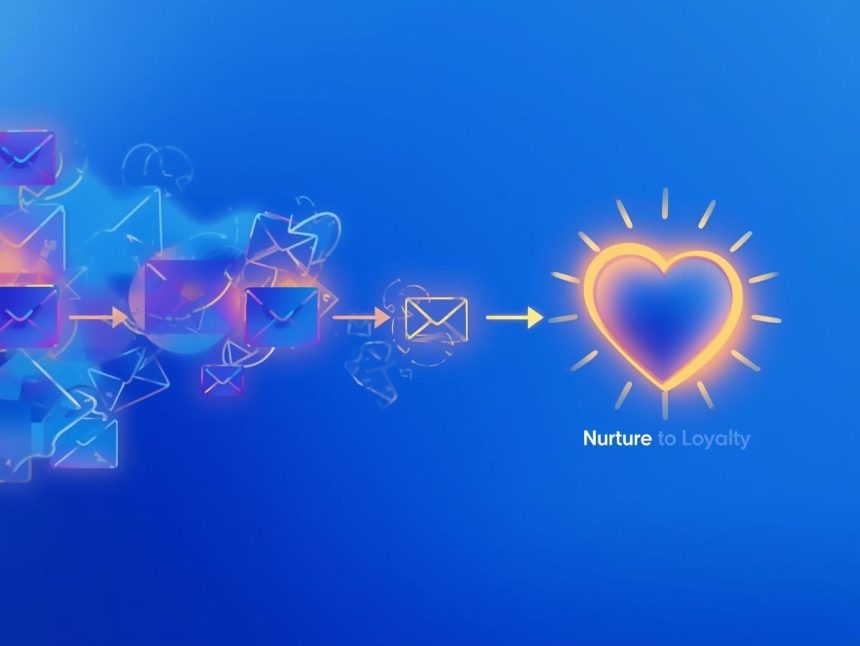 A robotic and human hand working together to craft glowing personalized emails surrounded by hearts, symbolizing emotional connection through marketing automation.