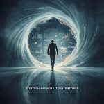 A marketer stepping from a foggy room labeled “Guesswork” into a glowing digital space filled with analytics dashboards and rising graphs, symbolizing the power of marketing analytics.