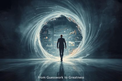 A marketer stepping from a foggy room labeled “Guesswork” into a glowing digital space filled with analytics dashboards and rising graphs, symbolizing the power of marketing analytics.