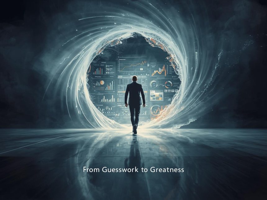 A marketer stepping from a foggy room labeled “Guesswork” into a glowing digital space filled with analytics dashboards and rising graphs, symbolizing the power of marketing analytics.