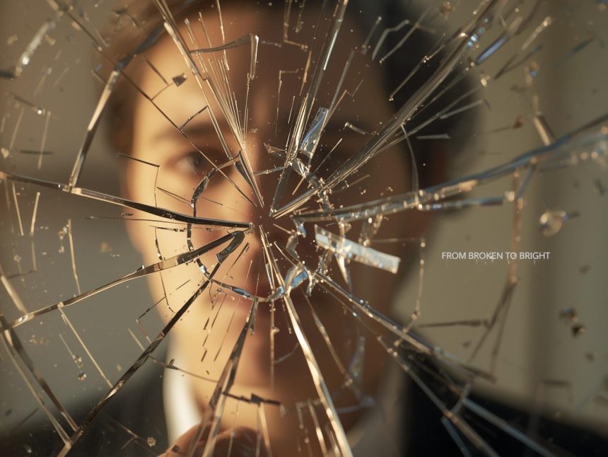 A glowing brand logo emerging from shattered glass, symbolizing reputation recovery, renewed trust, and brand transformation.