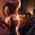 A confident influencer holding a glowing smartphone surrounded by hearts, likes, and shopping icons, representing how social influence turns followers into customers.