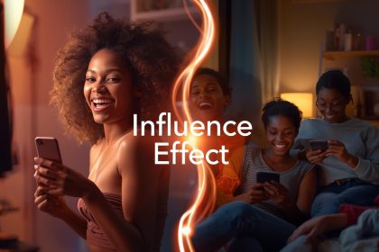 A confident influencer holding a glowing smartphone surrounded by hearts, likes, and shopping icons, representing how social influence turns followers into customers.