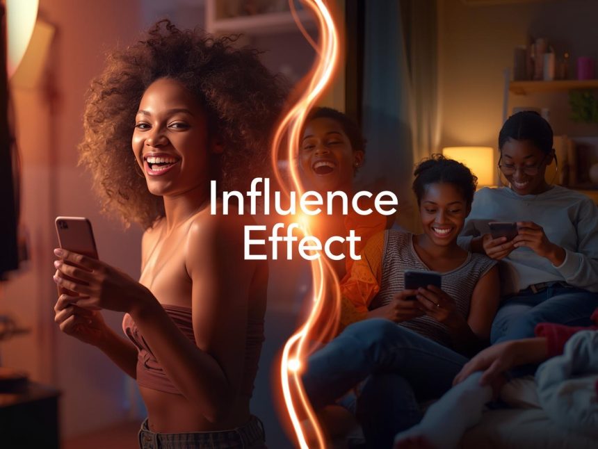 A confident influencer holding a glowing smartphone surrounded by hearts, likes, and shopping icons, representing how social influence turns followers into customers.