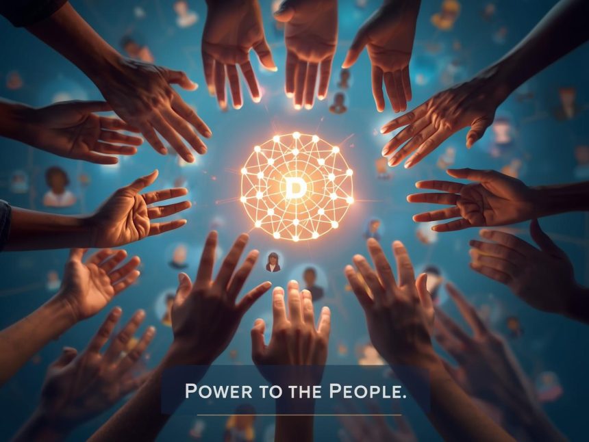 A glowing digital network connecting diverse individuals representing decentralized communities in the Web3 era, symbolizing the shift from traditional advertising to community-driven marketing.